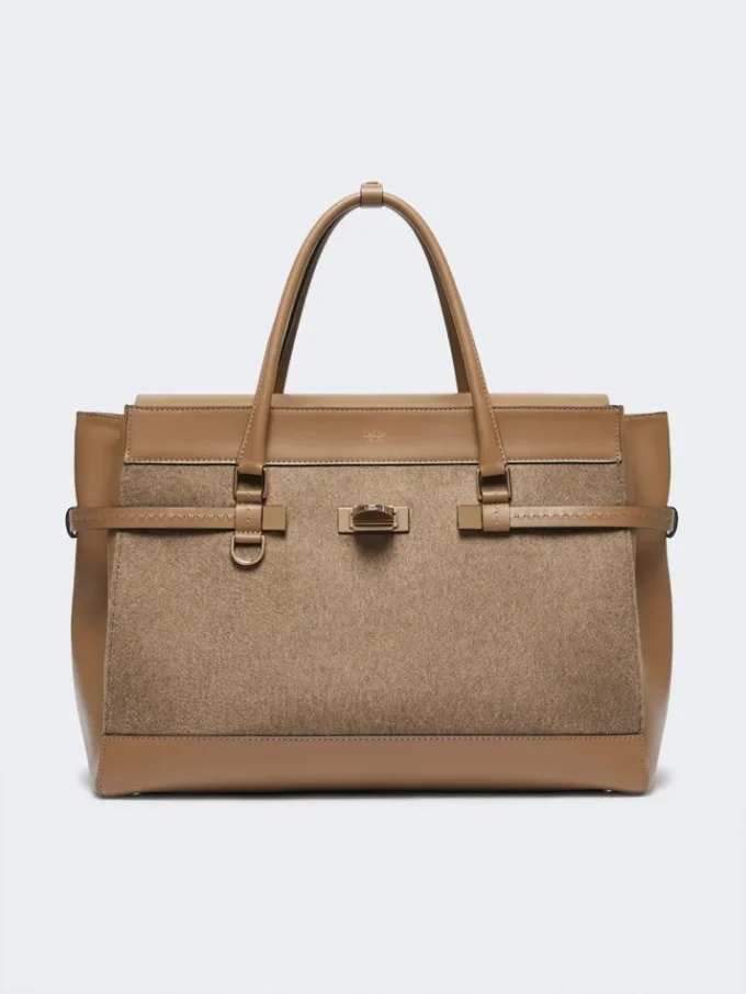 Large cashmere and leather handbag, brown Large cashmere and leather handbag, brown