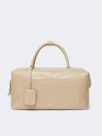Large, crocodile-print leather boston bag, ice