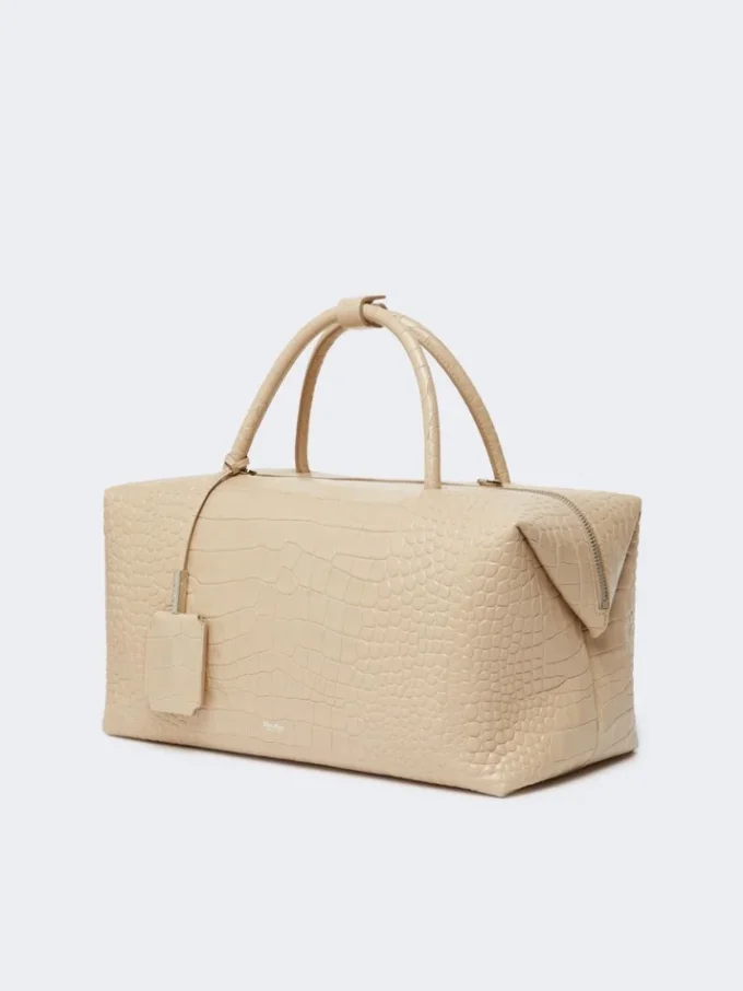 Large, crocodile-print leather boston bag, ice Large, crocodile-print leather boston bag, ice