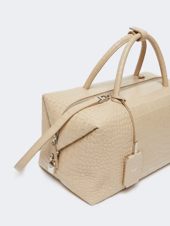 Large, crocodile-print leather boston bag, ice Large, crocodile-print leather boston bag, ice