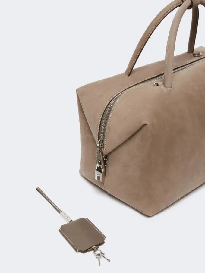 Large nubuck leather boston bag, turtledove