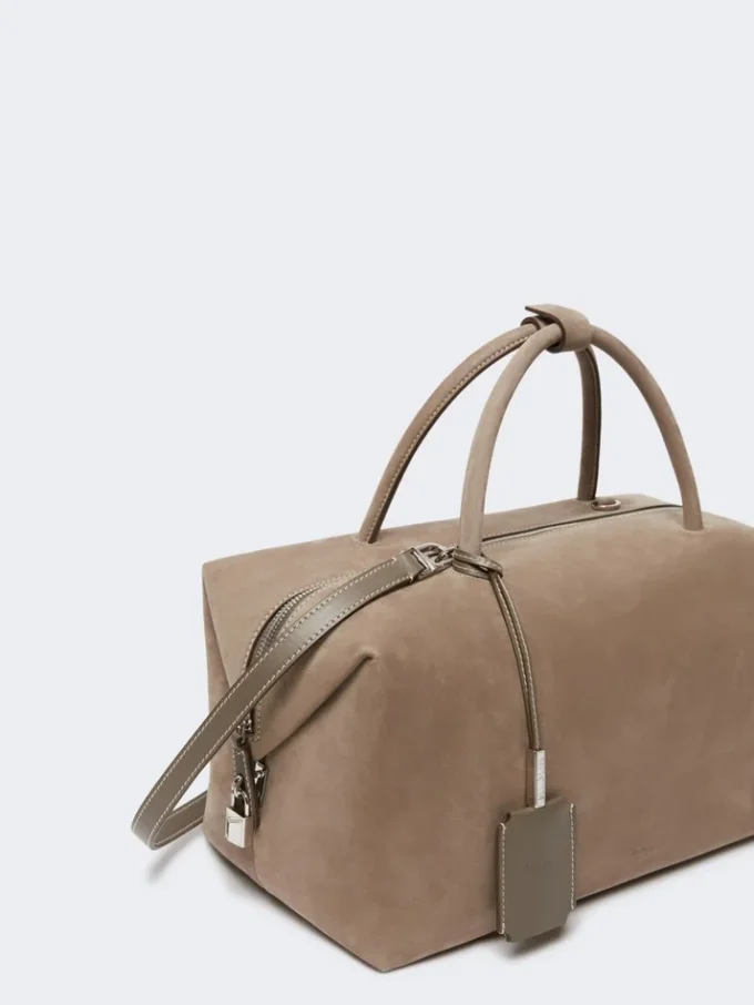 Large nubuck leather boston bag, turtledove