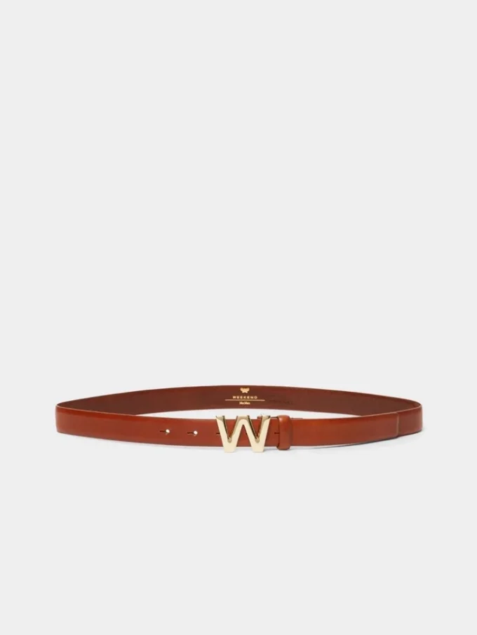 Leather belt with logo buckle, tobacco