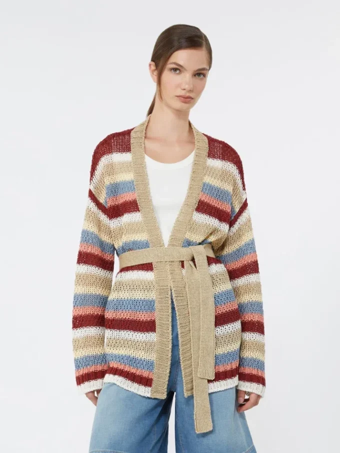Linen yarn cardigan with belt, cherry Linen yarn cardigan with belt, cherry