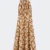 Long dress in printed poplin, caramel Long dress in printed poplin, caramel
