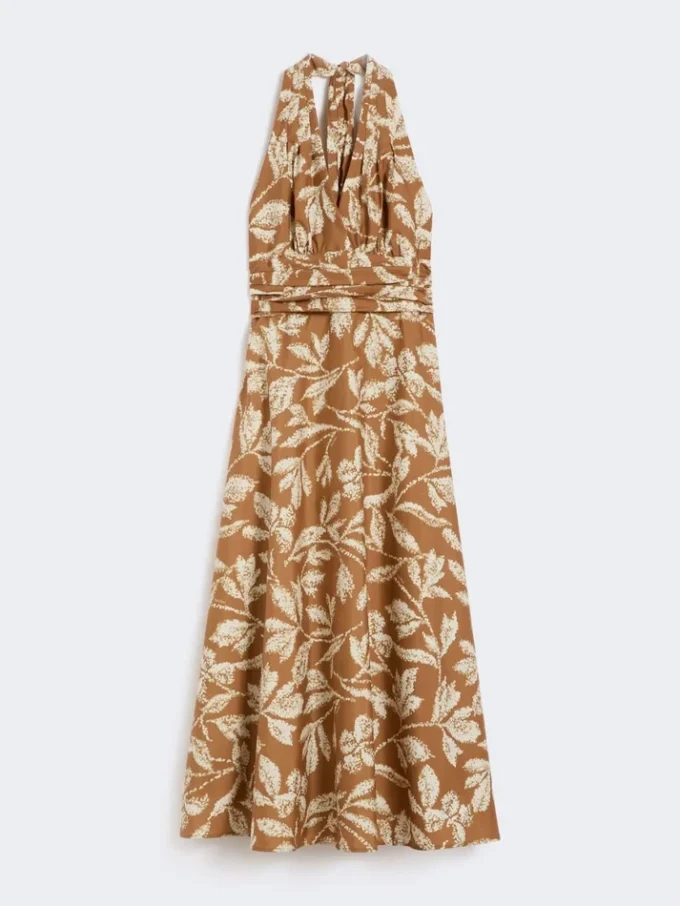 Long dress in printed poplin, caramel Long dress in printed poplin, caramel