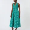 Long dress in printed poplin, emerald Long dress in printed poplin, emerald