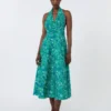 Long dress in printed poplin, emerald Long dress in printed poplin, emerald