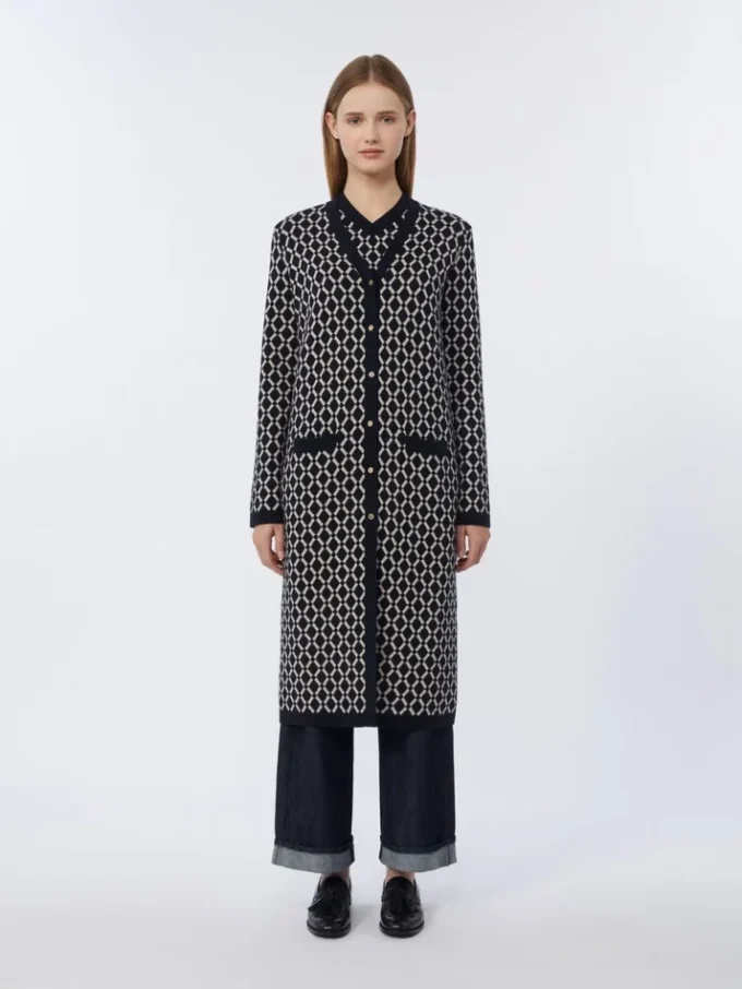 Long jacquard wool cardigan, ultramarine Long jacquard wool cardigan, ultramarine