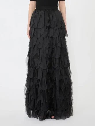 long skirt with petals in silk organza black 2 330x440 - Long skirt with petals in silk organza, black