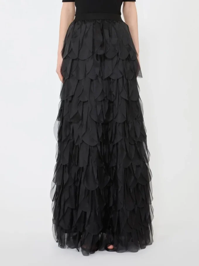 Long skirt with petals in silk organza, black
