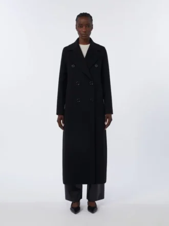 Long wool coat with half-belt detail, black