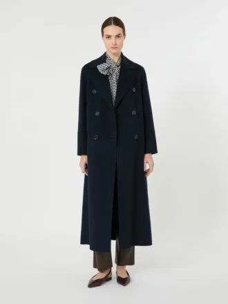 Long wool coat with half-belt detail, midnightblue