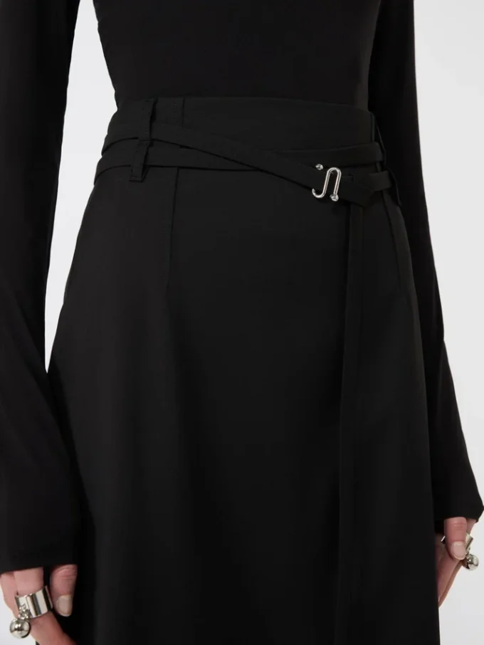 Long wool skirt with belt, black