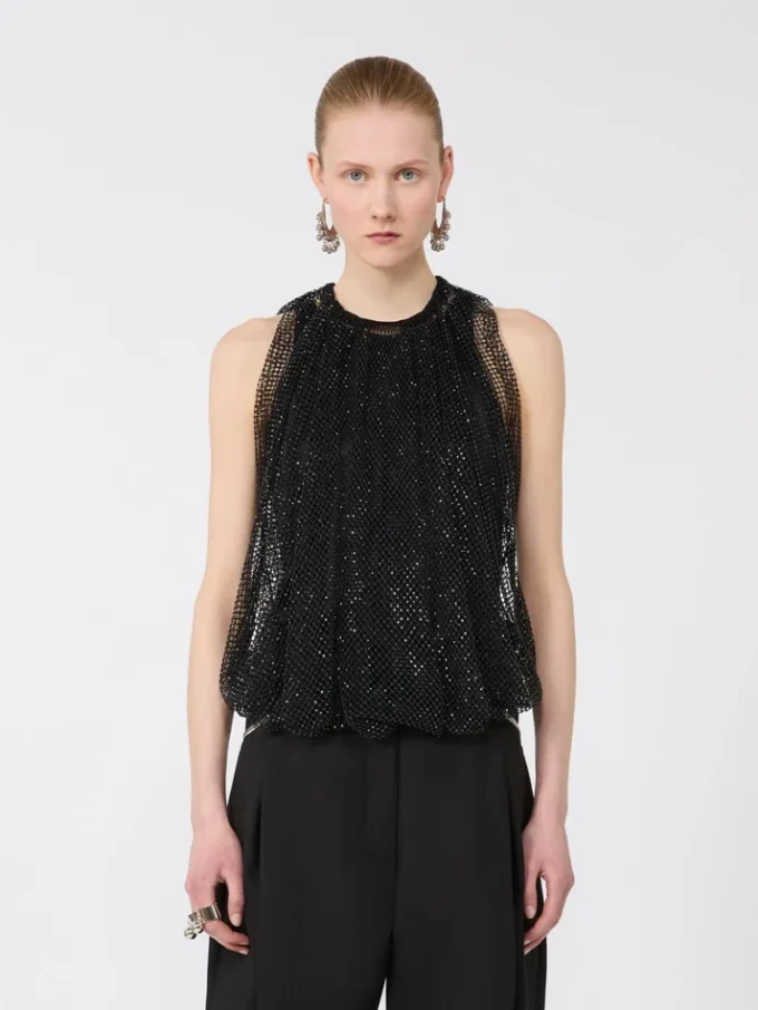 Mesh top with crystals, black