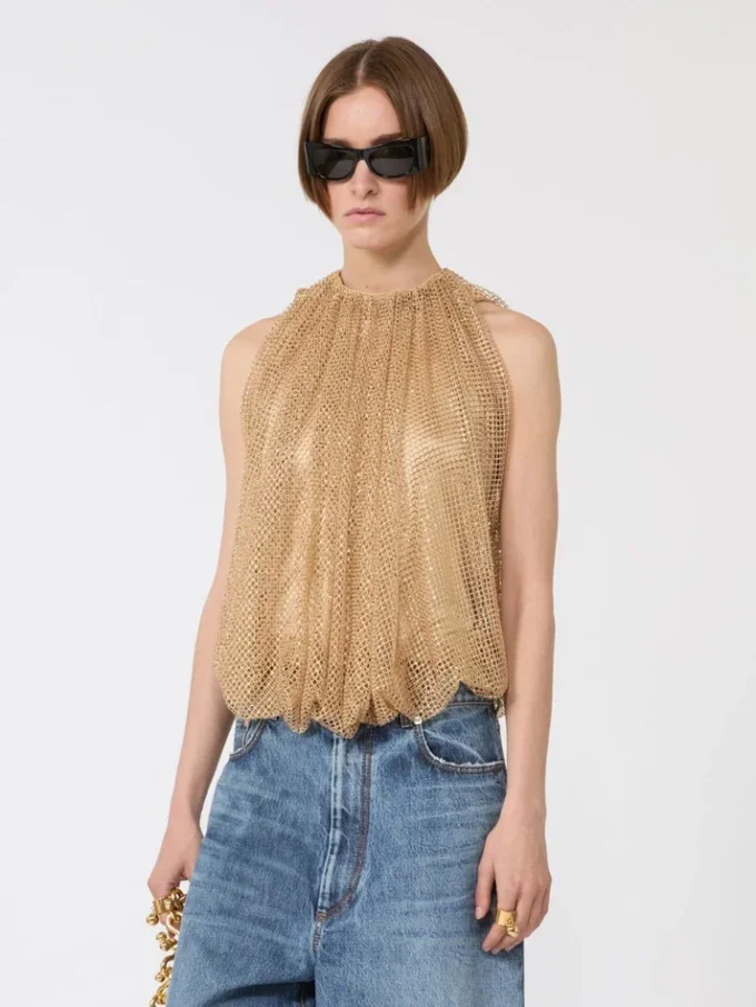 Mesh top with crystals, camel
