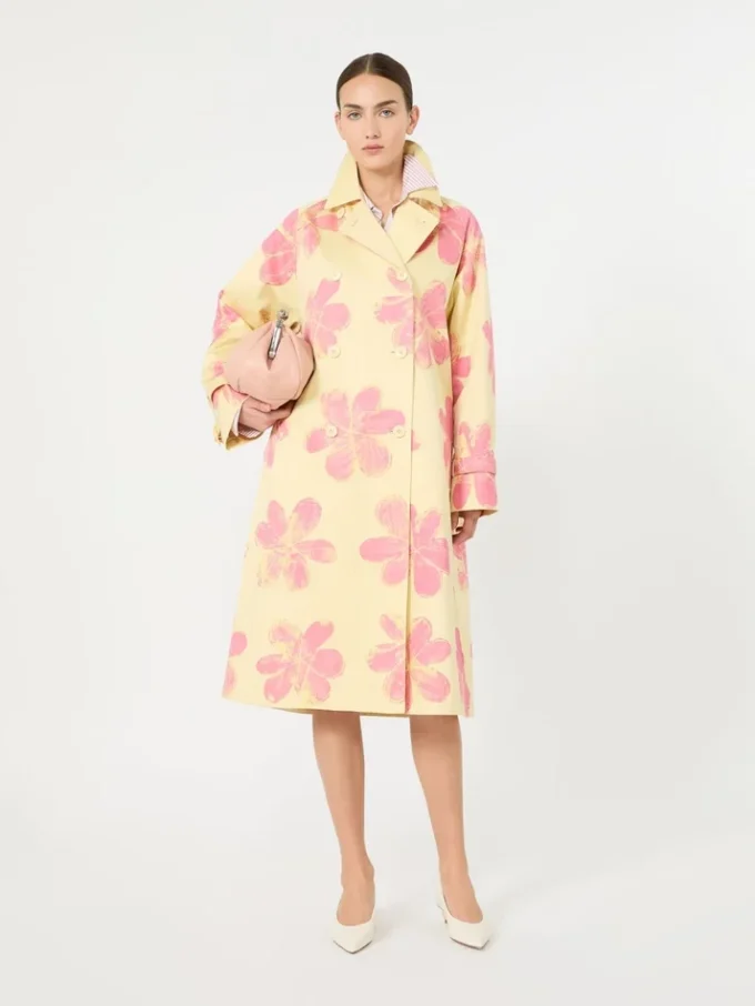 Midi trench coat in patterned water-repellent gabardine, yellow