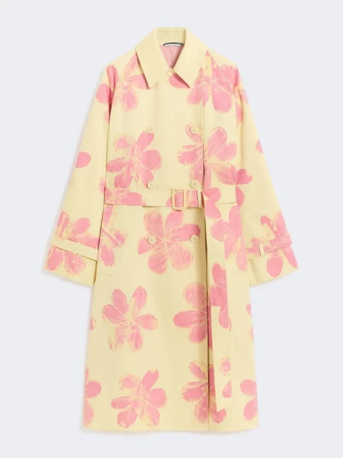Midi trench coat in patterned water-repellent gabardine, yellow