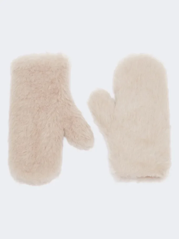 Mittens in alpaca and wool teddy fabric, beige