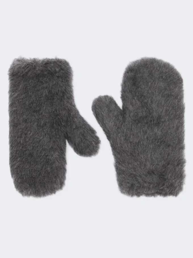 Mittens in wool and alpaca teddy fabric, medium grey