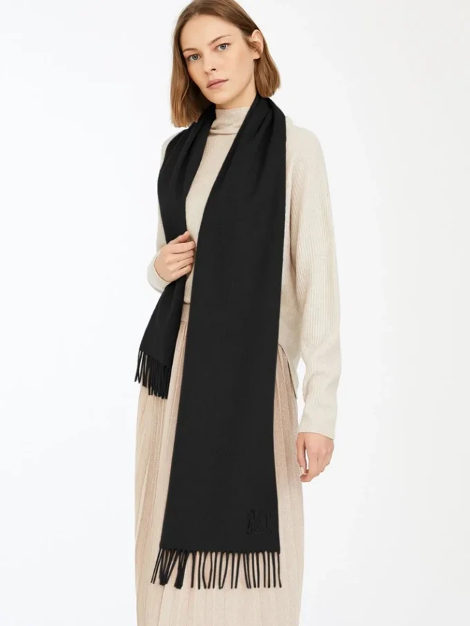 Monogram-embroidered camel stole, black
