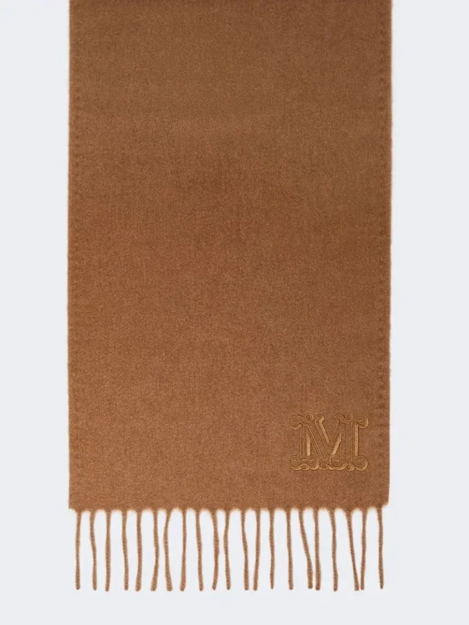 Monogram-embroidered camel stole, camel