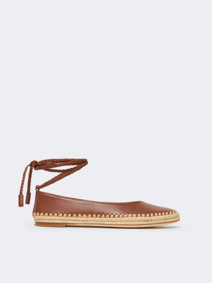 Nappa and raffia ballerinas, tobacco