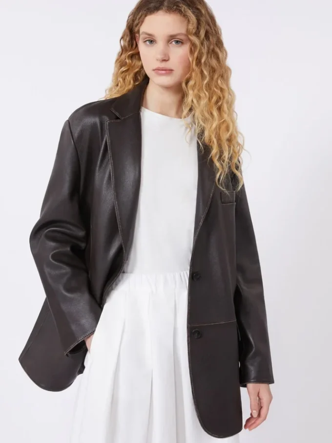 Oversized leather blazer, brown