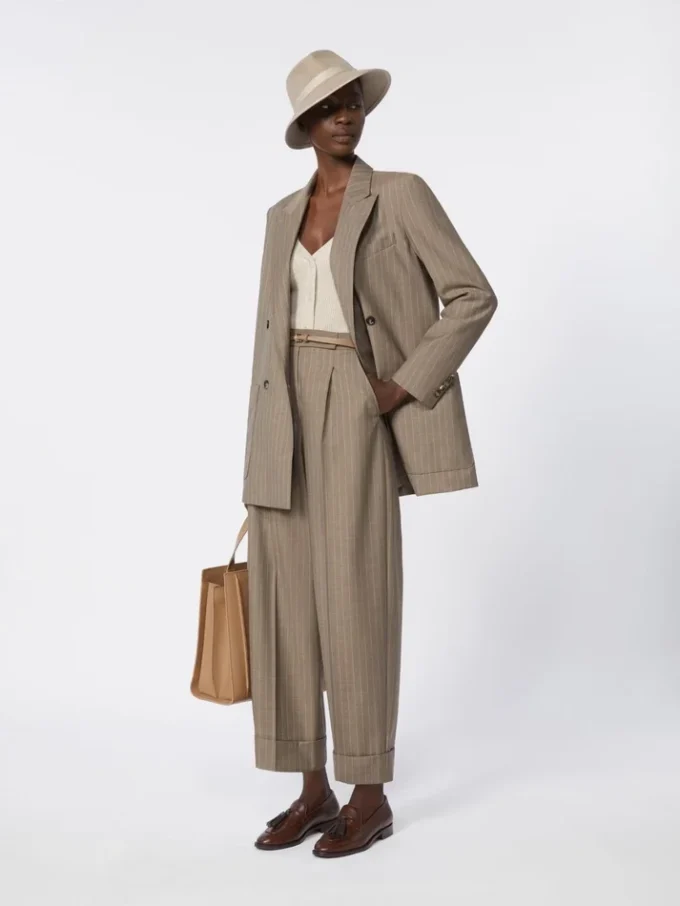 Oversized pinstripe woollen cloth blazer, hazelnut brown