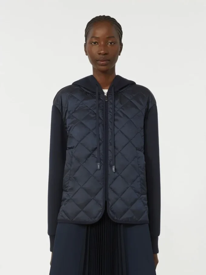 Padded, hooded jacket in water-repellent canvas and jersey, navy