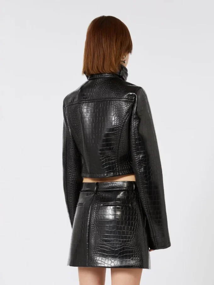 Patent leather cropped jacket with alligator print, black