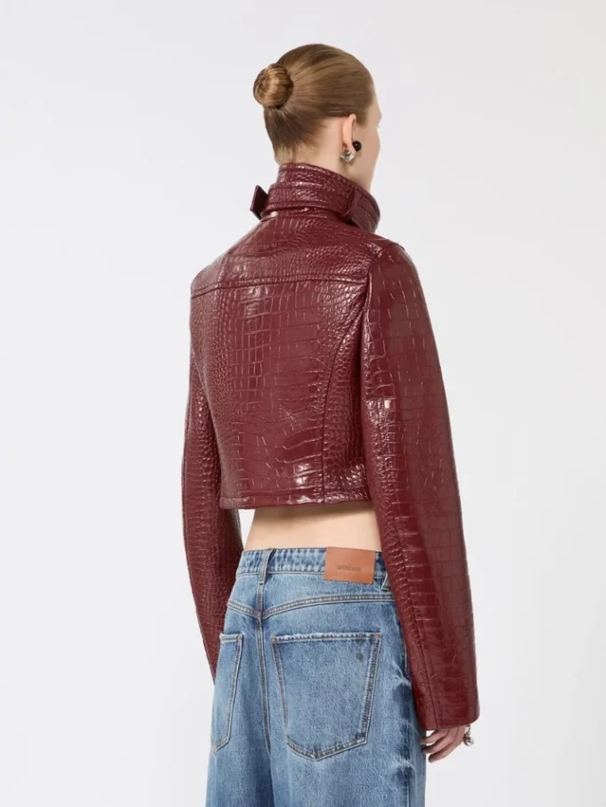 Patent leather cropped jacket with alligator print, dark red