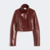 Patent leather cropped jacket with alligator print, dark red