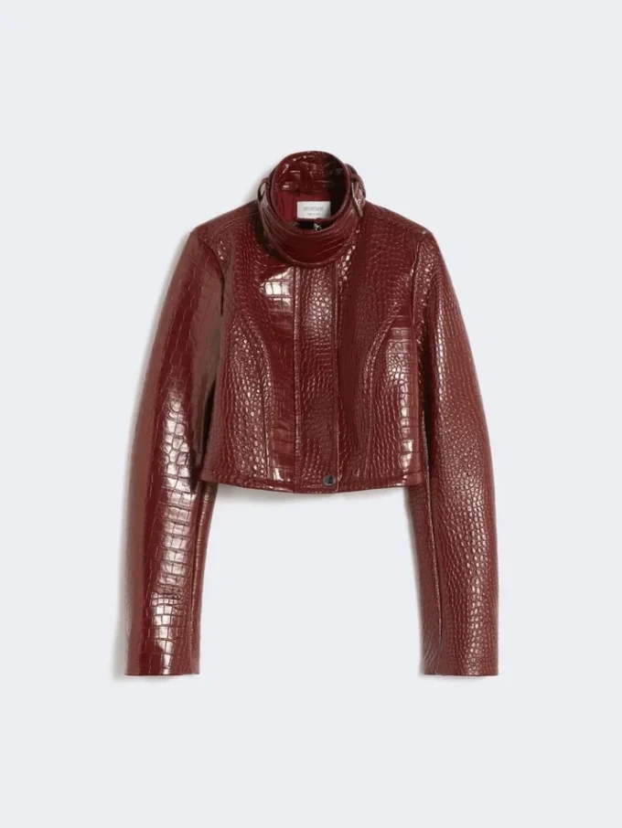 Patent leather cropped jacket with alligator print, dark red