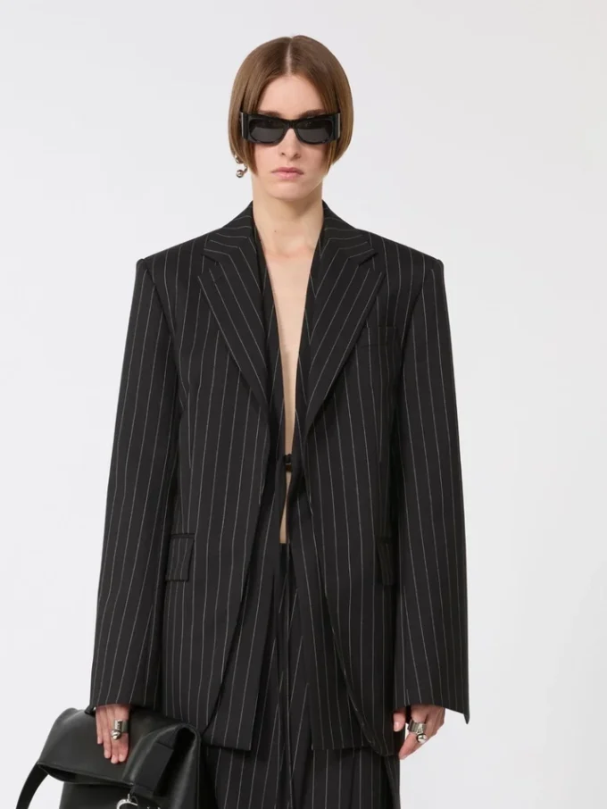 Pinstripe gabardine tailored blazer, black