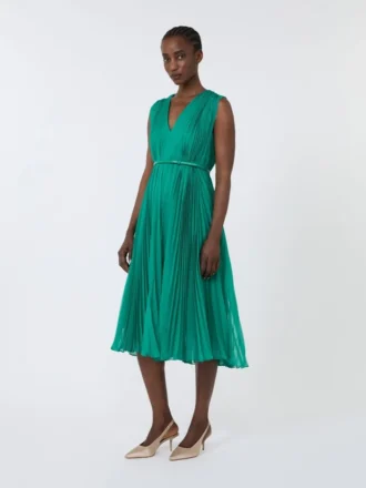 Plissa-pleated chiffon dress, green