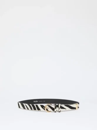 Pony hair-look printed leather belt, white
