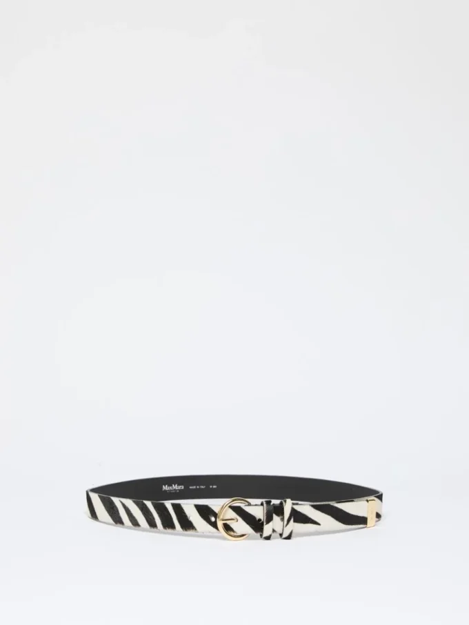 Pony hair-look printed leather belt, white