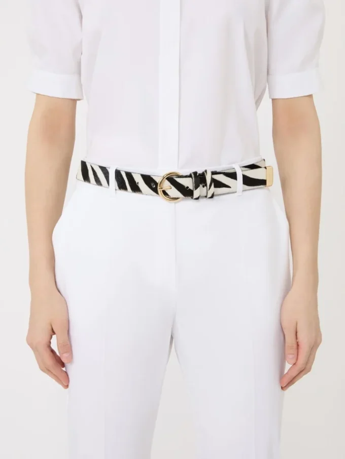 Pony hair-look printed leather belt, white