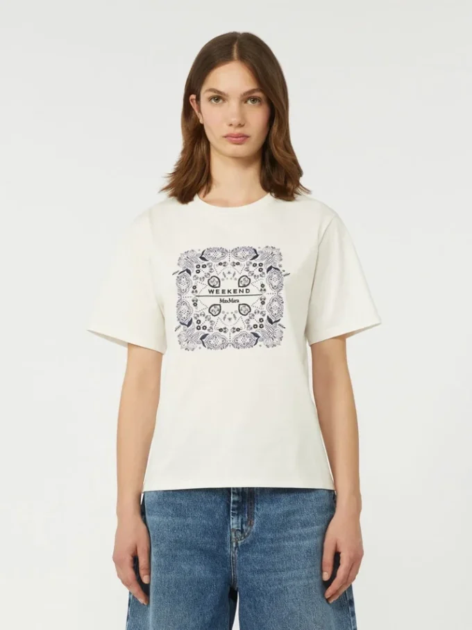 Print and embroidery-adorned cotton t-shirt, white Print and embroidery-adorned cotton t-shirt, white