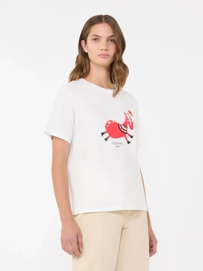 Print and embroidery-adorned cotton t-shirt, white Print and embroidery-adorned cotton t-shirt, white
