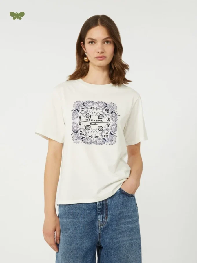 Print and embroidery-adorned cotton t-shirt, white Print and embroidery-adorned cotton t-shirt, white