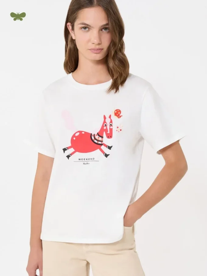Print and embroidery-adorned cotton t-shirt, white Print and embroidery-adorned cotton t-shirt, white