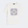 Print and embroidery-adorned cotton t-shirt, white Print and embroidery-adorned cotton t-shirt, white