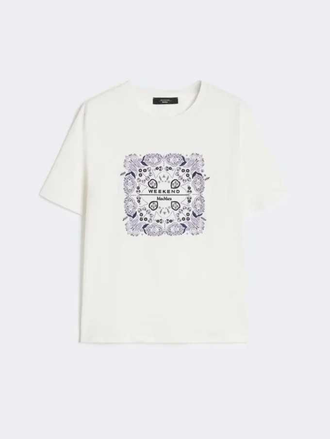 Print and embroidery-adorned cotton t-shirt, white Print and embroidery-adorned cotton t-shirt, white
