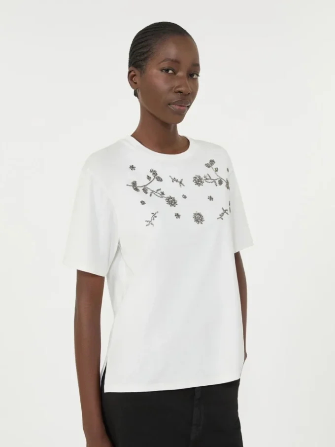 Print and embroidery-adorned jersey t-shirt, white Print and embroidery-adorned jersey t-shirt, white
