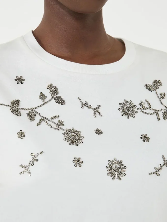 Print and embroidery-adorned jersey t-shirt, white Print and embroidery-adorned jersey t-shirt, white