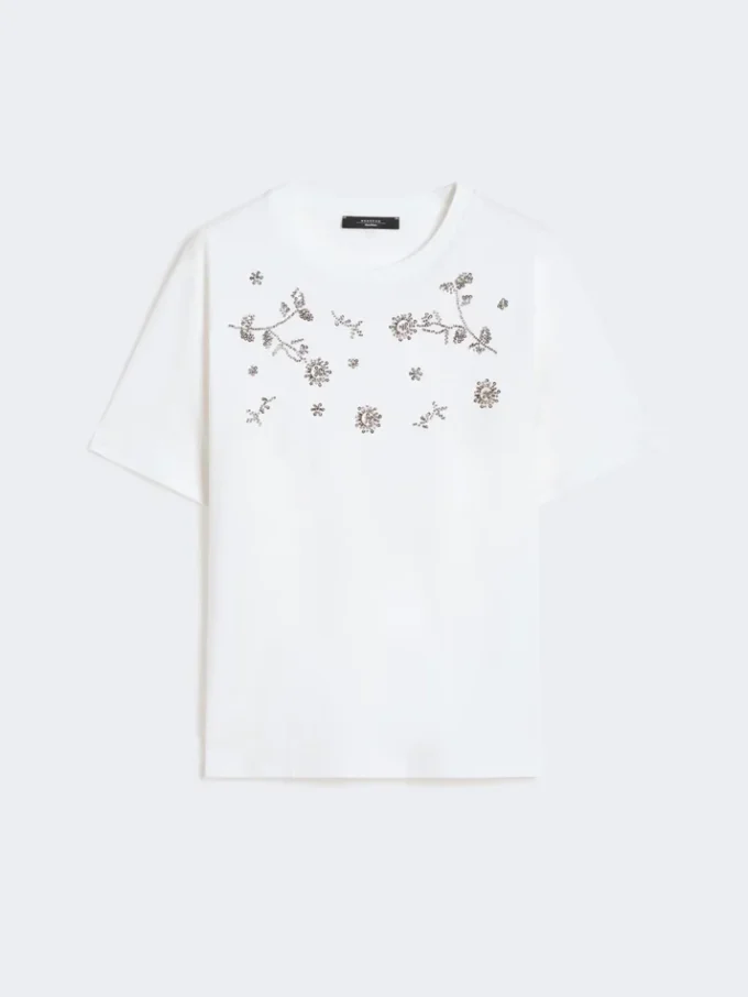 Print and embroidery-adorned jersey t-shirt, white Print and embroidery-adorned jersey t-shirt, white