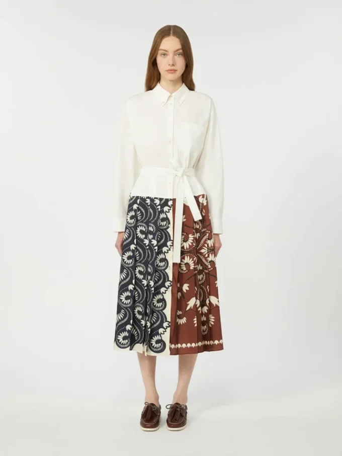 Printed cotton and twill shirt dress, white Printed cotton and twill shirt dress, white