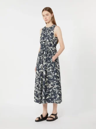 Printed cotton dress with belt, ultramarine